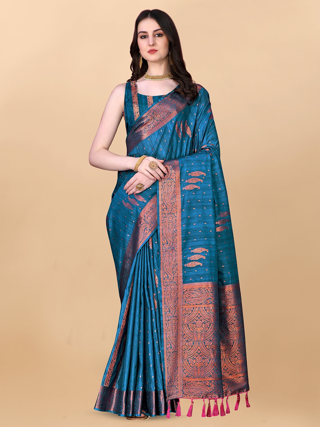 

ZIBLON Paisley Woven Design Zari Kanjeevaram Saree, Blue