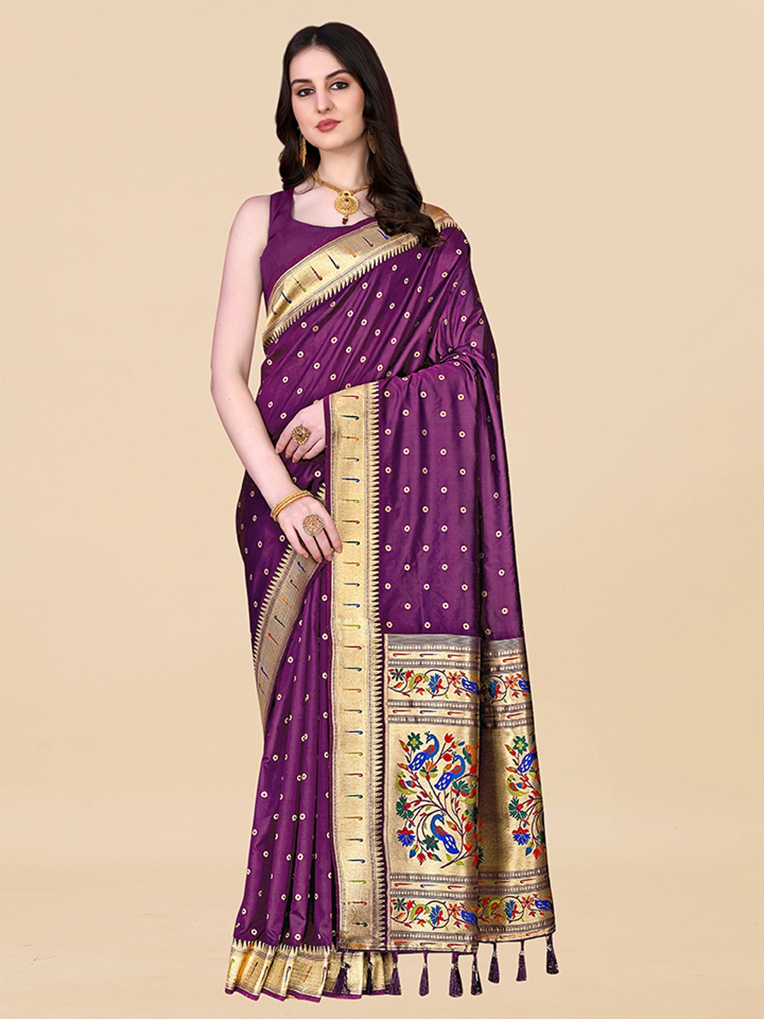 

ZIBLON Ethnic Motifs Woven Design Zari Kanjeevaram Saree, Purple
