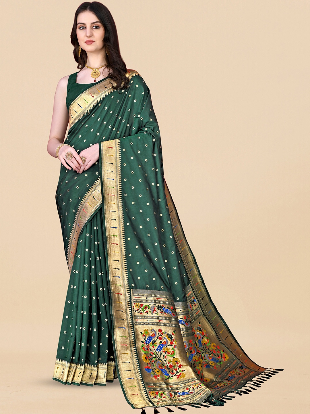 

ZIBLON Ethnic Motifs Woven Design Zari Kanjeevaram Saree, Green