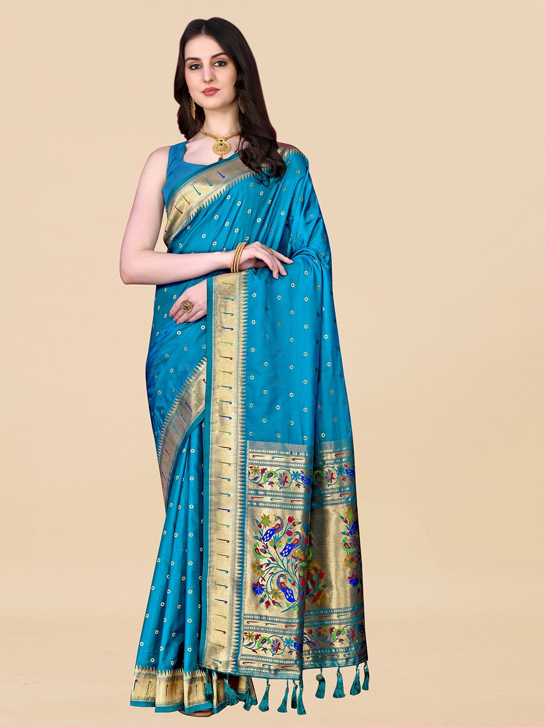

ZIBLON Ethnic Motifs Woven Design Zari Kanjeevaram Saree, Blue