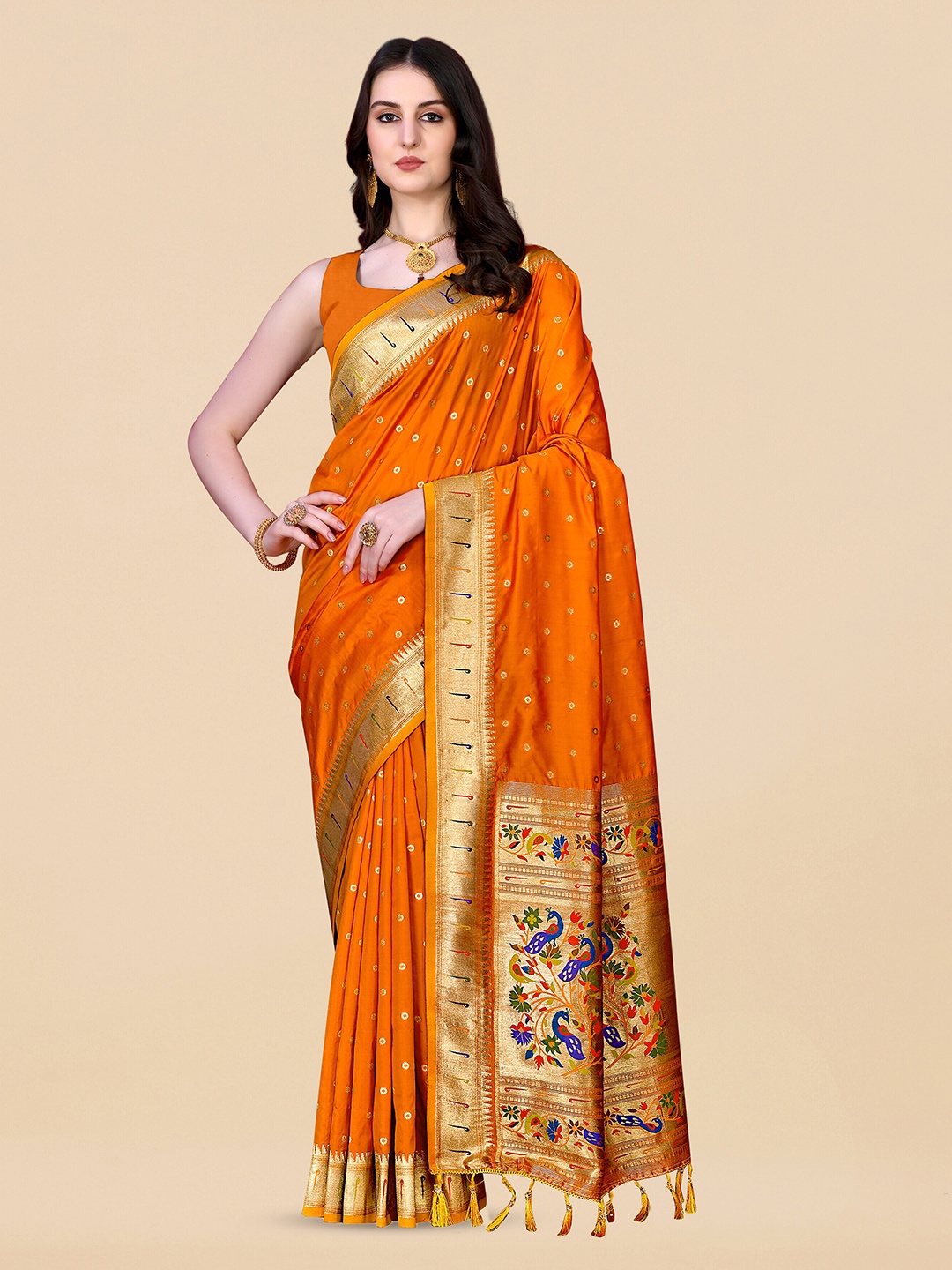 

ZIBLON Ethnic Motifs Woven Design Zari Kanjeevaram Saree, Orange