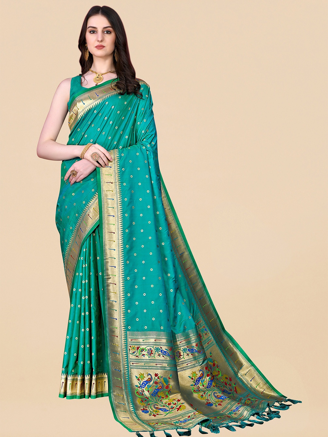 

ZIBLON Ethnic Motifs Woven Design Zari Kanjeevaram Saree, Sea green