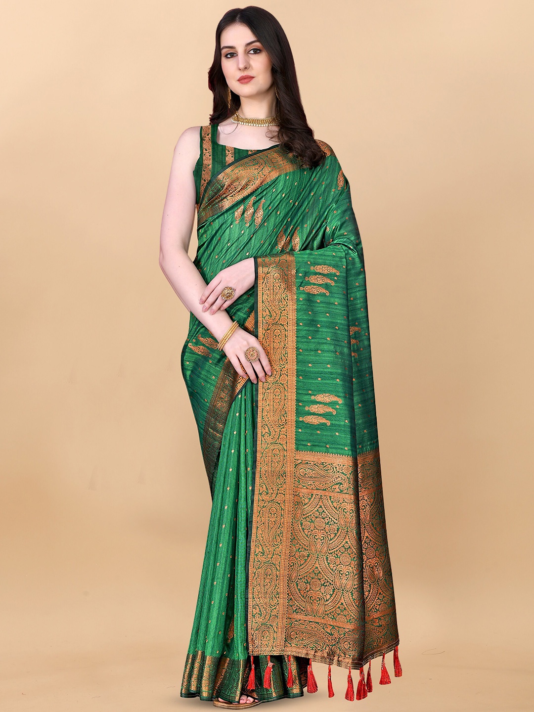 

ZIBLON Striped Woven Design Zari Kanjeevaram Saree, Green