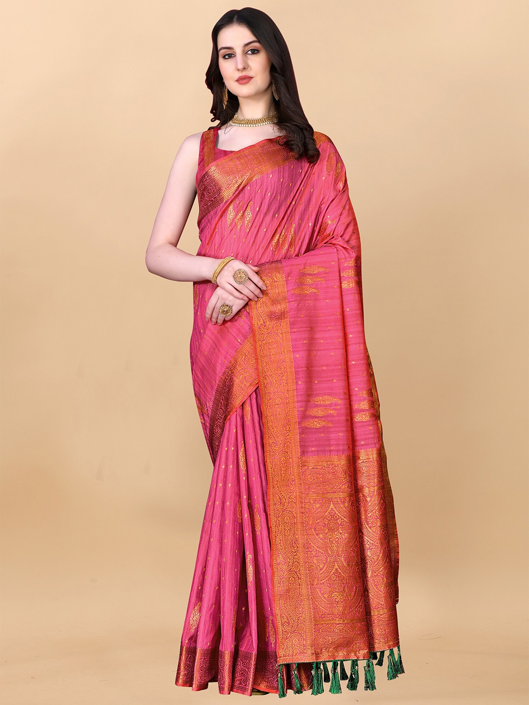 

ZIBLON Ethnic Motifs Woven Design Zari Kanjeevaram Saree, Pink