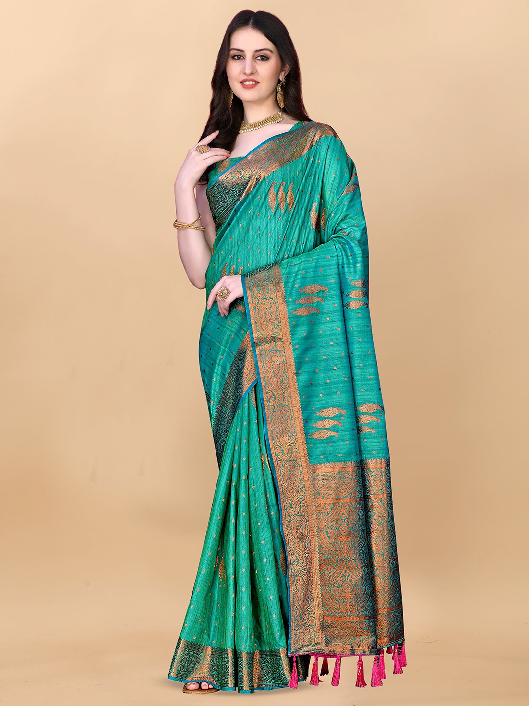

ZIBLON Ethnic Motifs Woven Design Zari Kanjeevaram Saree, Green