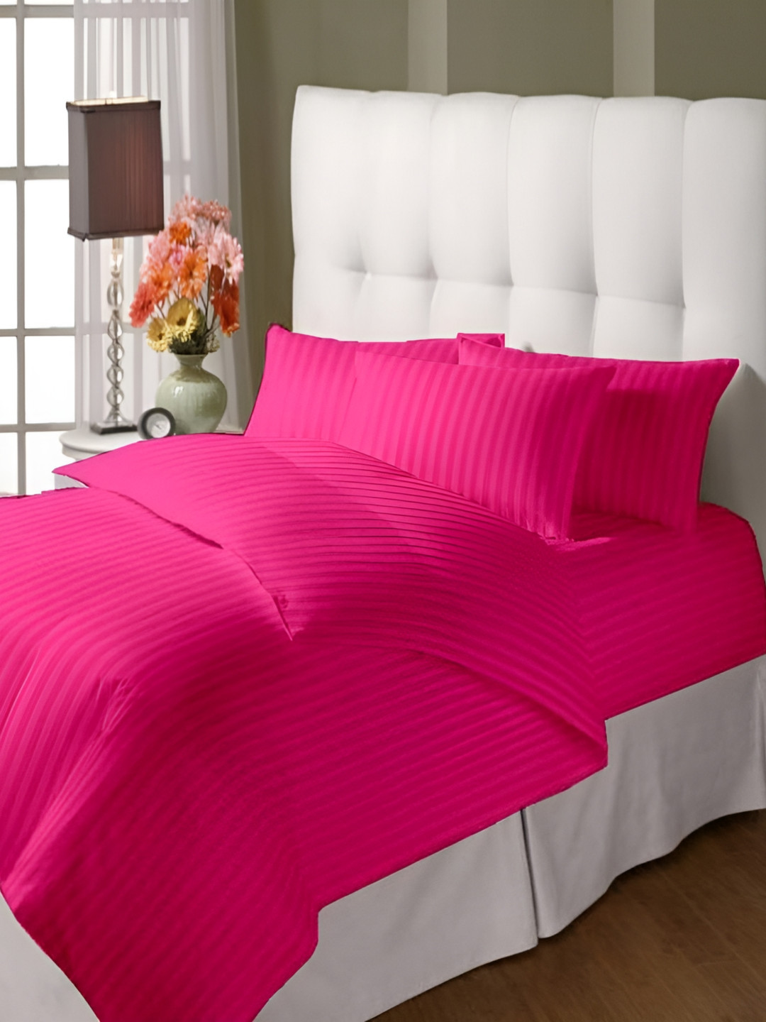 

LINENOVATION Pink Striped Cotton Single Duvet Cover