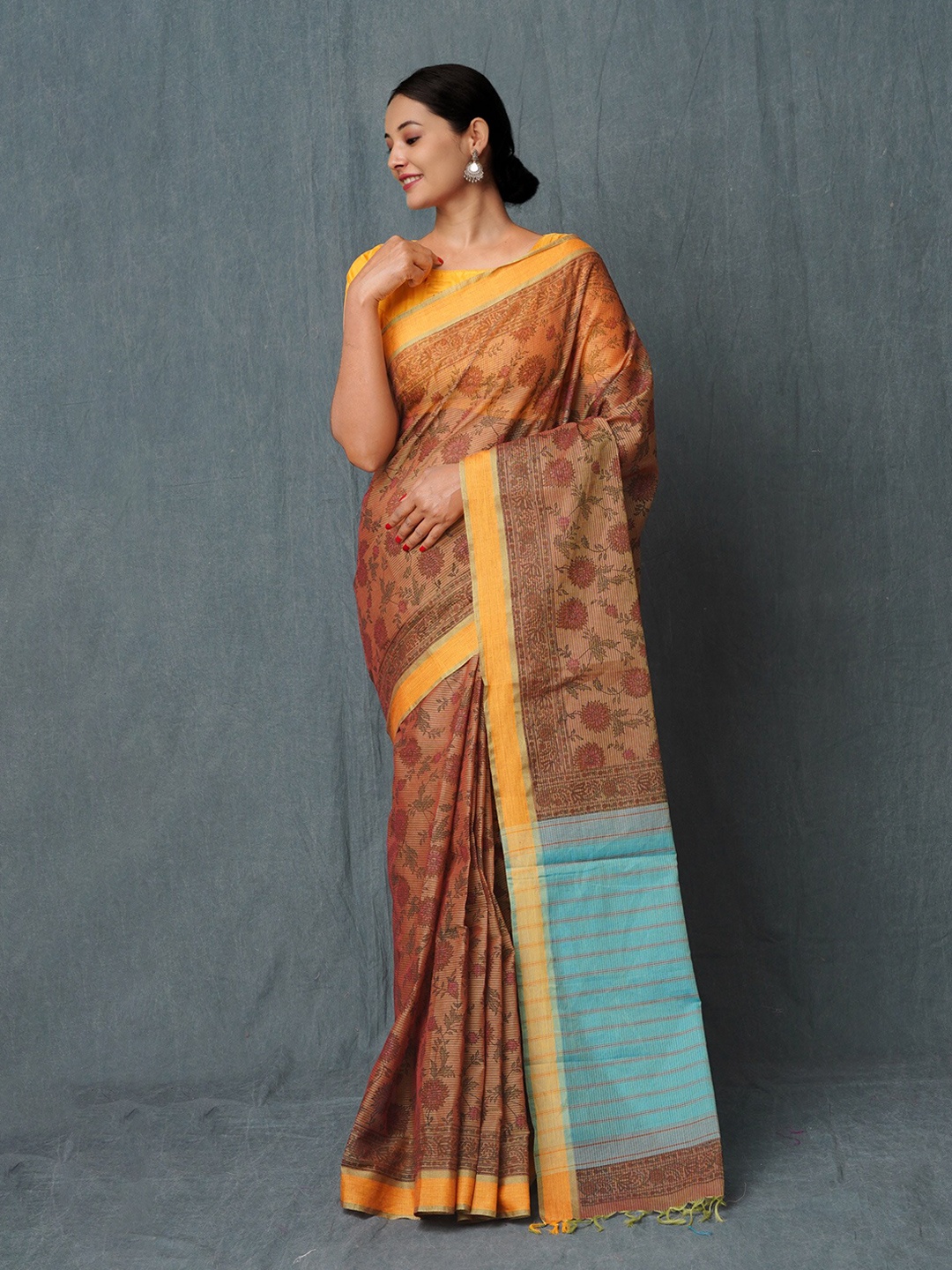 

Unnati Silks Ethnic Motifs Printed Pure Cotton Handloom Mangalagiri Saree, Brown