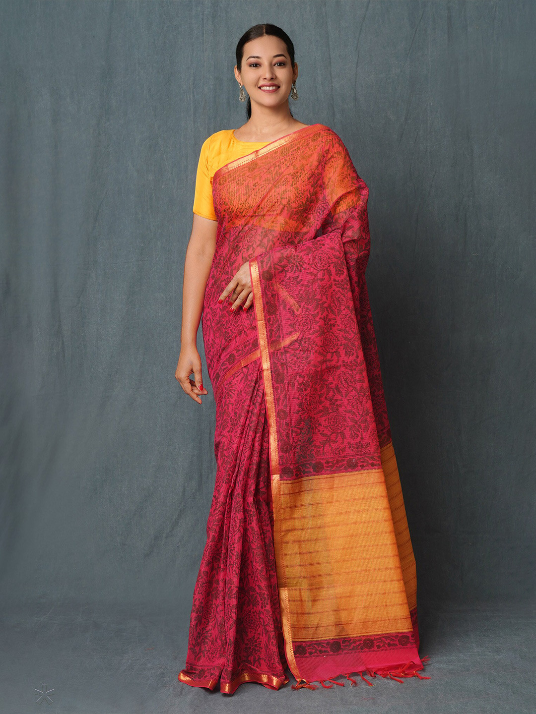 

Unnati Silks Floral Printed Pure Cotton Handloom Mangalagiri Saree, Pink