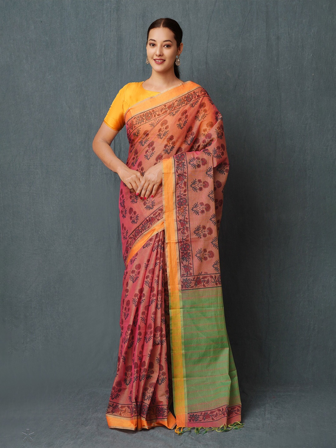 

Unnati Silks Ethnic Motifs Printed Pure Cotton Handloom Mangalagiri Saree, Pink