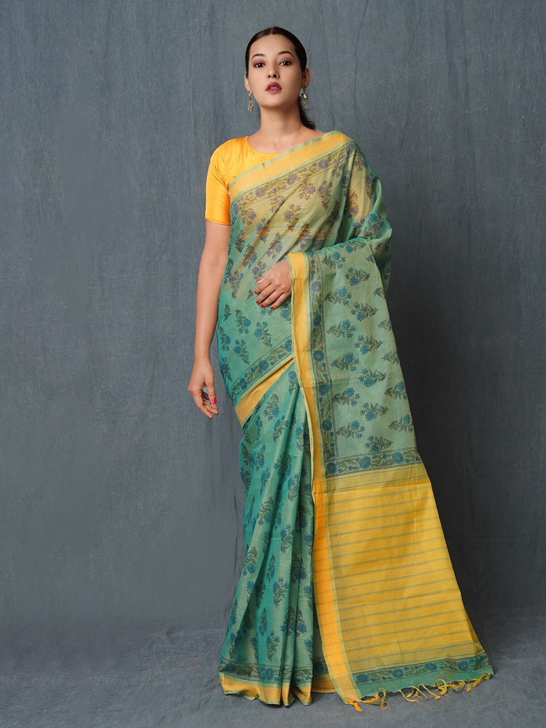 

Unnati Silks Ethnic Motifs Printed Zari Detail Pure Cotton Mangalagiri Saree, Green