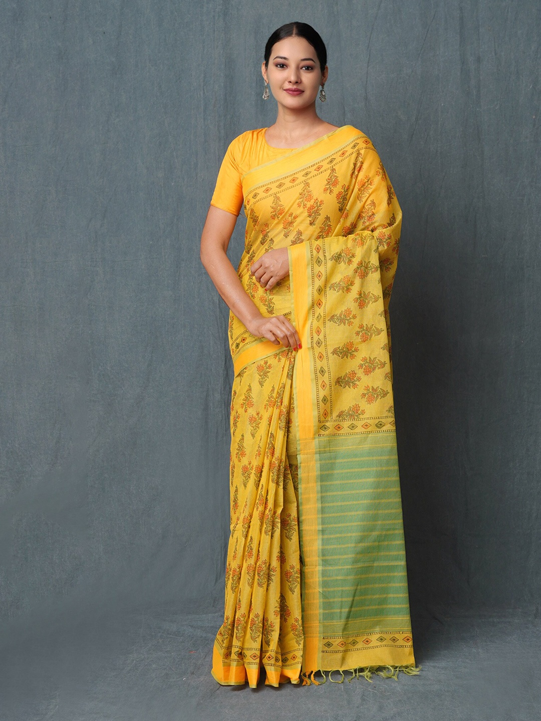 

Unnati Silks Ethnic Motifs Printed Pure Cotton Handloom Mangalagiri Saree, Yellow