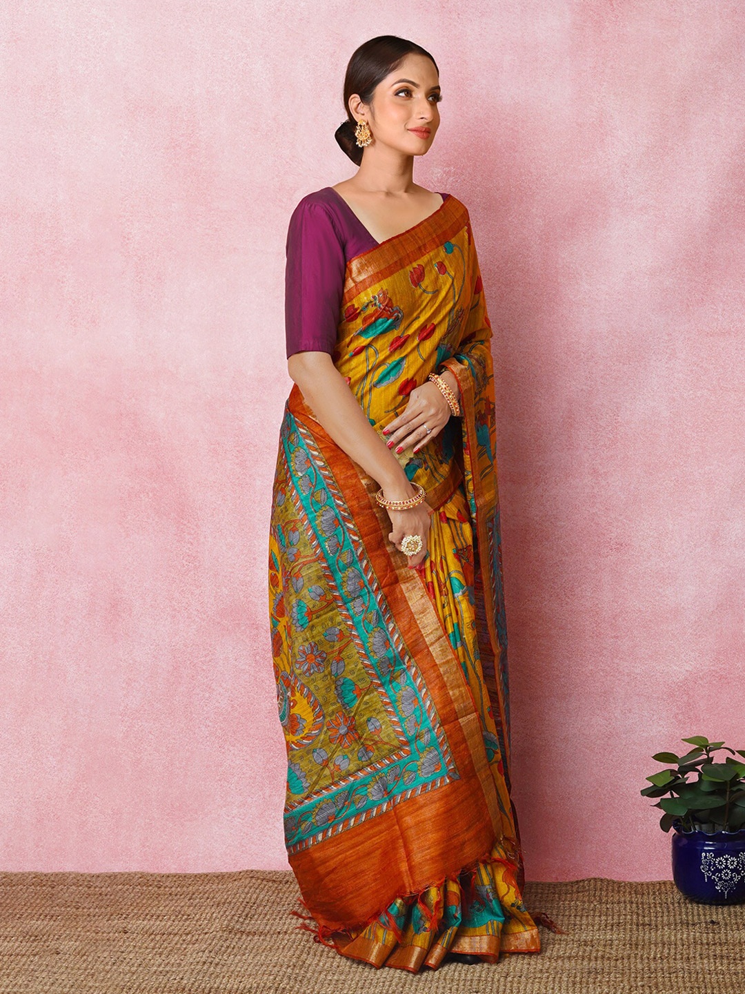 

Unnati Silks Ethnic Motifs Printed Pure Silk Handloom Tussar Saree, Yellow