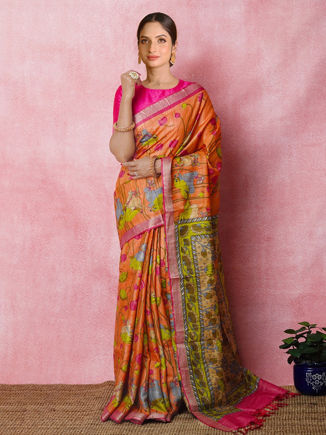 

Unnati Silks Floral Printed Zari Pure Silk Handloom Tussar Saree, Orange