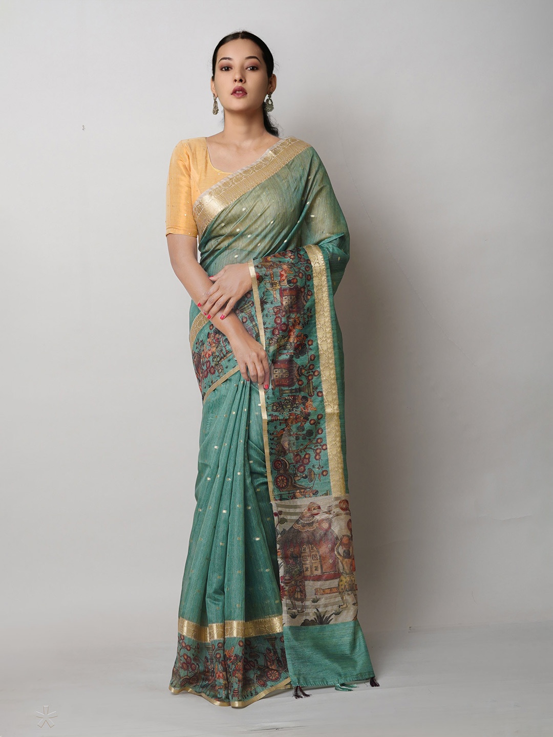 

Unnati Silks Ethnic Motifs Digital Printed Dupion Banarasi Saree, Green