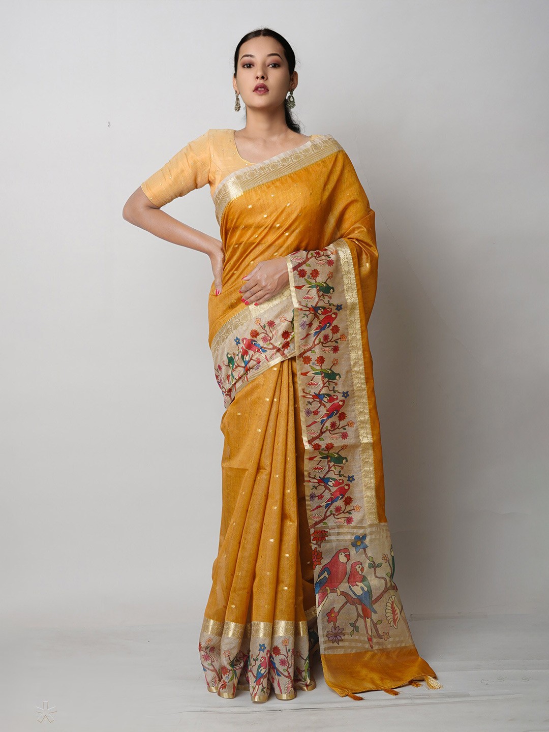 

Unnati Silks Floral Printed Silk Blend Banarasi Saree, Yellow