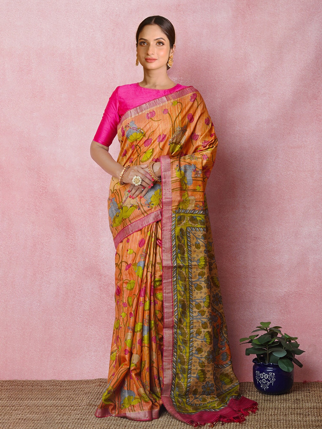 

Unnati Silks Ethnic Motifs Printed Pure Silk Saree, Orange