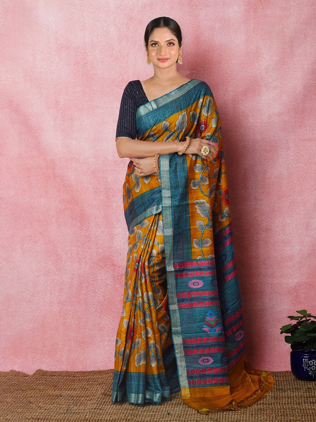 

Unnati Silks Floral Printed Zari Pure Silk Handloom Tussar Saree, Yellow