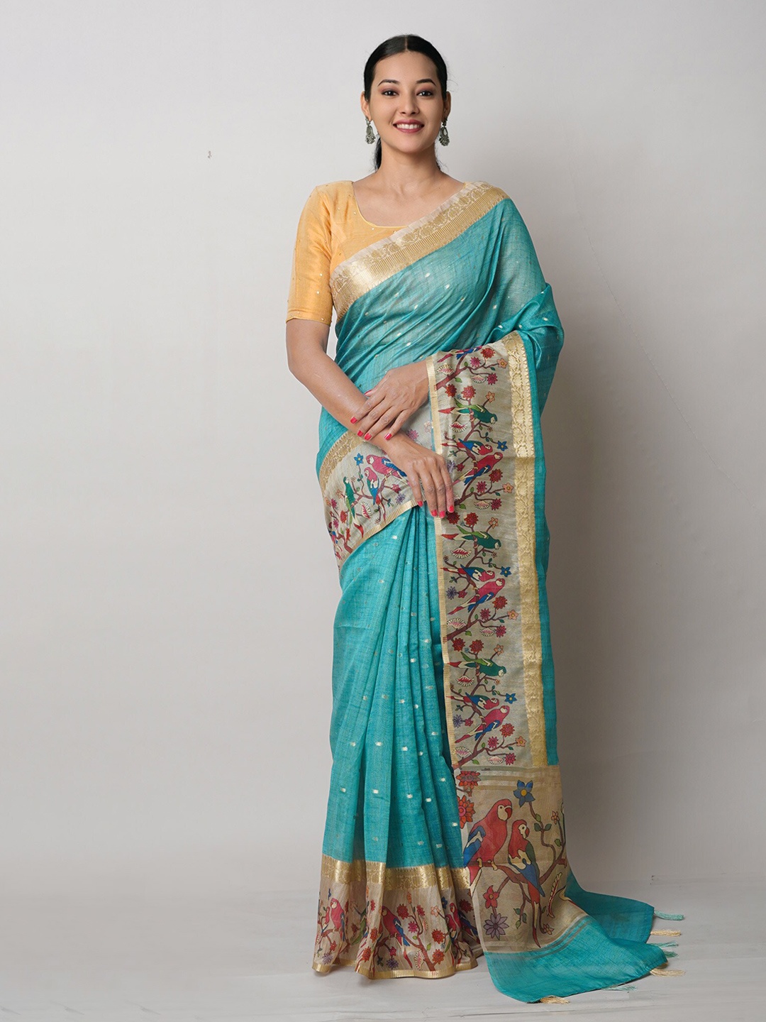 

Unnati Silks Ethnic Motifs Printed Zari Banarasi Saree, Green