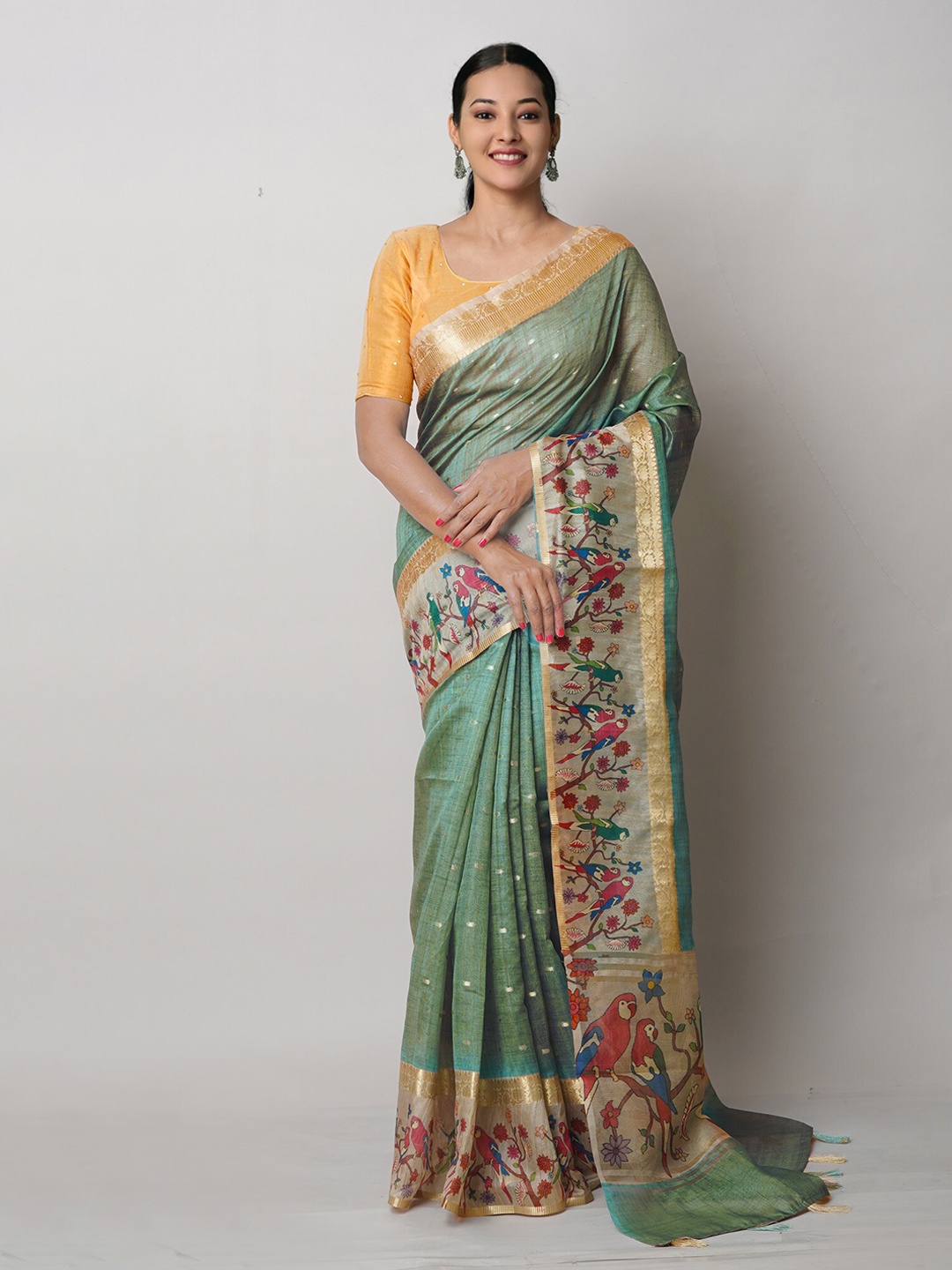 

Unnati Silks Floral Printed Zari Silk Blend Banarasi Saree, Green