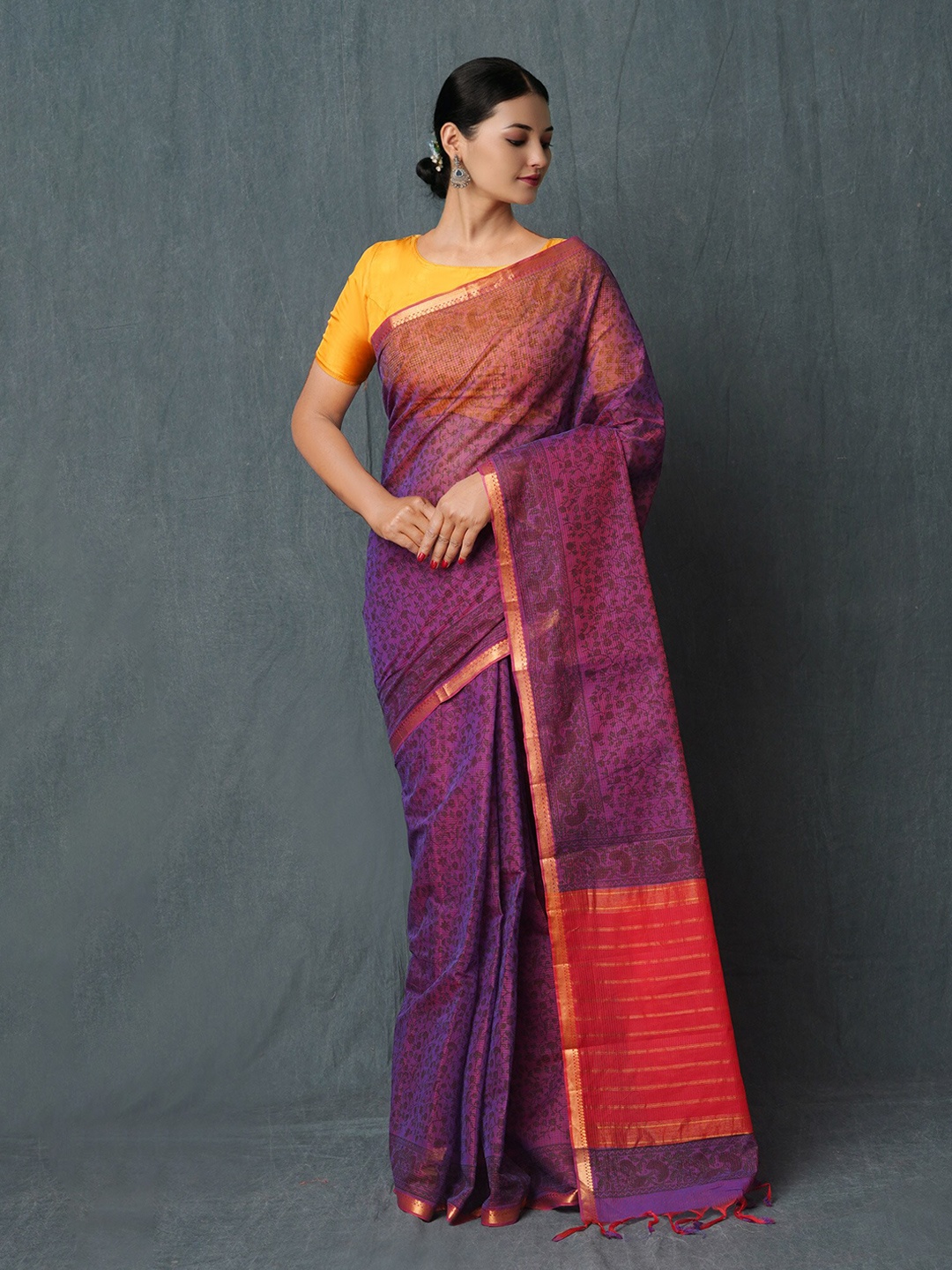 

Unnati Silks Floral Printed Zari Pure Cotton Handloom Mangalagiri Saree, Purple
