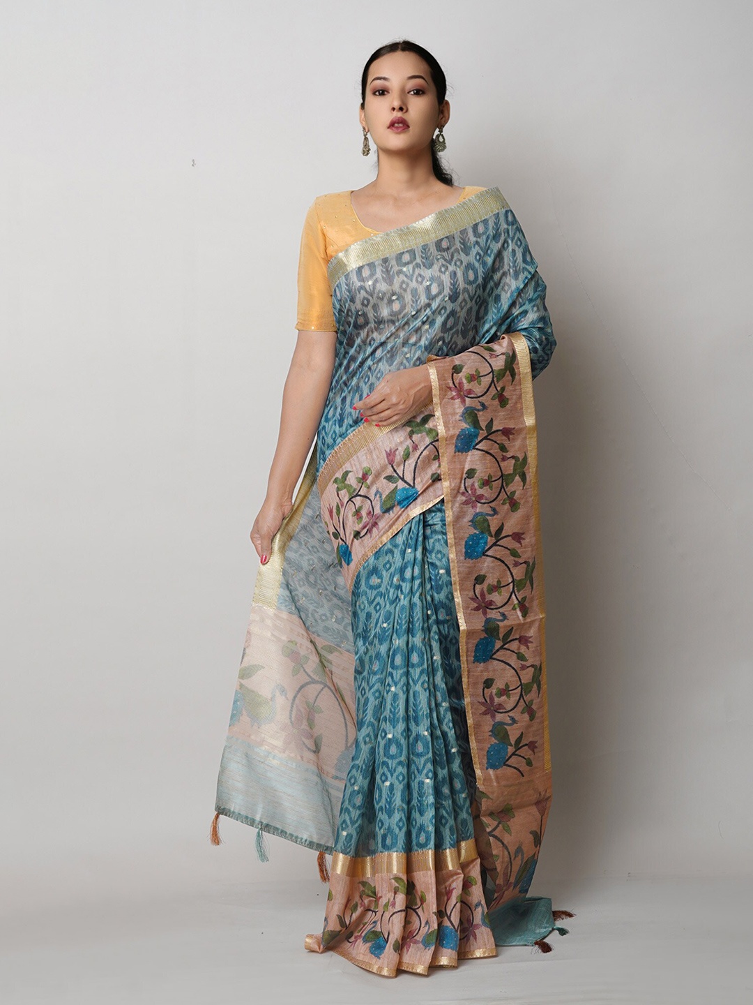 

Unnati Silks Ethnic Motifs Printed Zari Banarasi Saree, Green