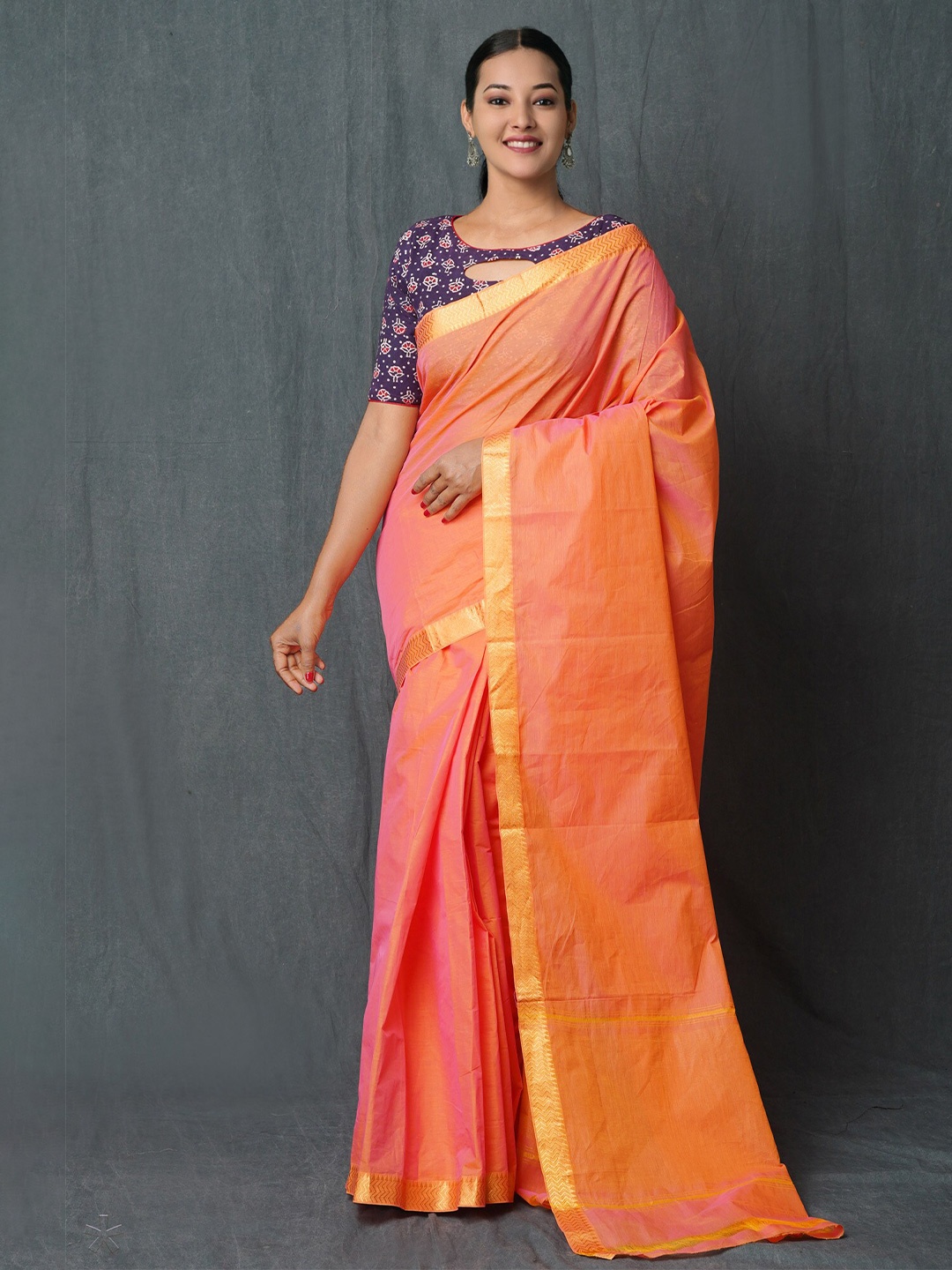 

Unnati Silks Pure Cotton Zari Detail Mangalagiri Saree, Peach