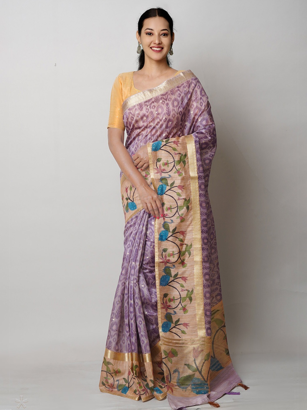 

Unnati Silks Ethnic Motifs Printed Banarasi Saree, Violet
