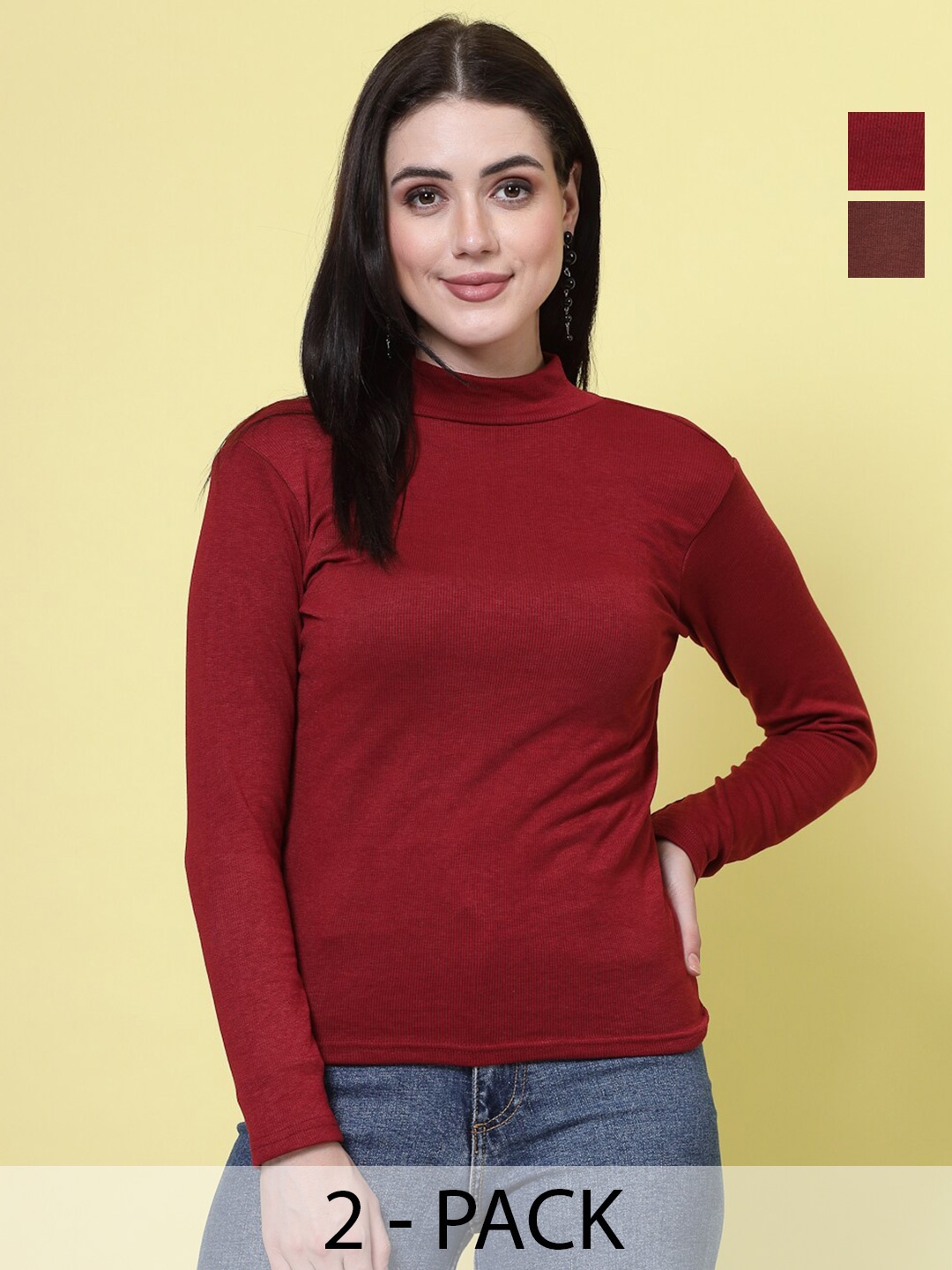 

Clora Creation Pack Of 2 High Neck Regular Tops, Maroon