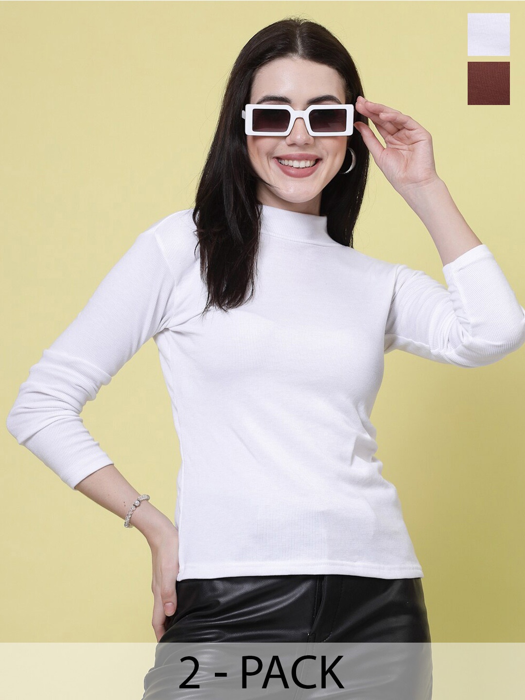 

Clora Creation Pack Of 2 High Neck Regular Tops, White