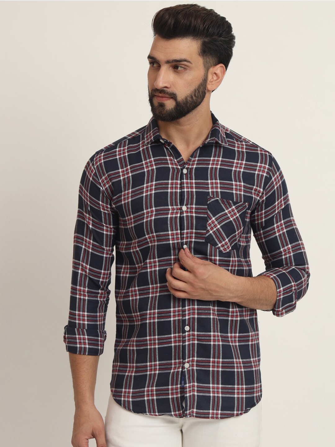 

RAGZO Slim Fit Tartan Checked Spread Collar Casual Shirt, Blue