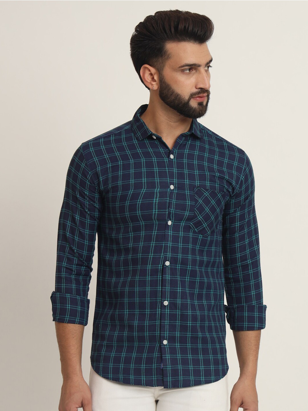 

RAGZO Slim Fit Tartan Checked Spread Collar Casual Shirt, Green