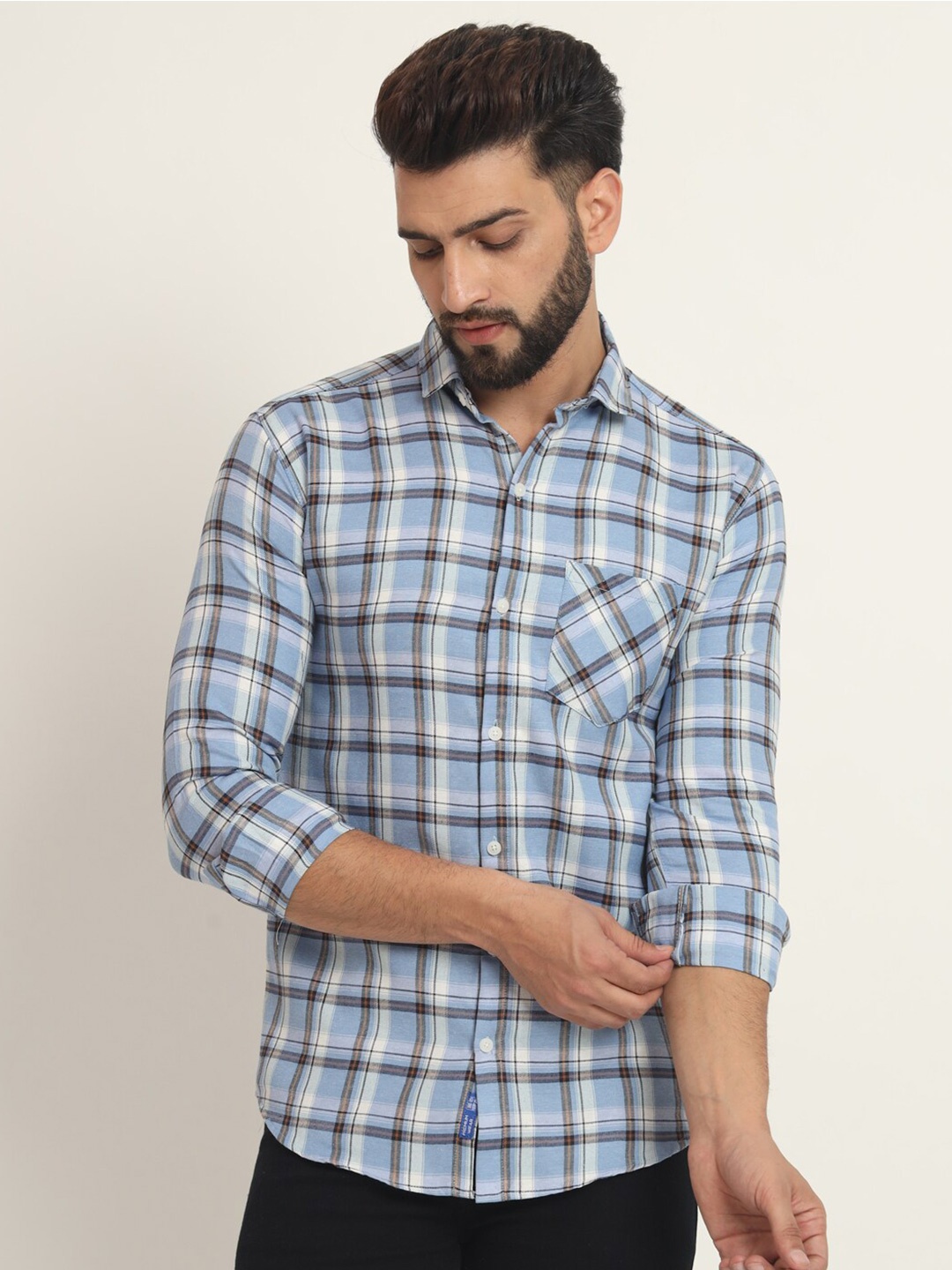 

RAGZO Slim Fit Tartan Checked Spread Collar Casual Shirt, Blue