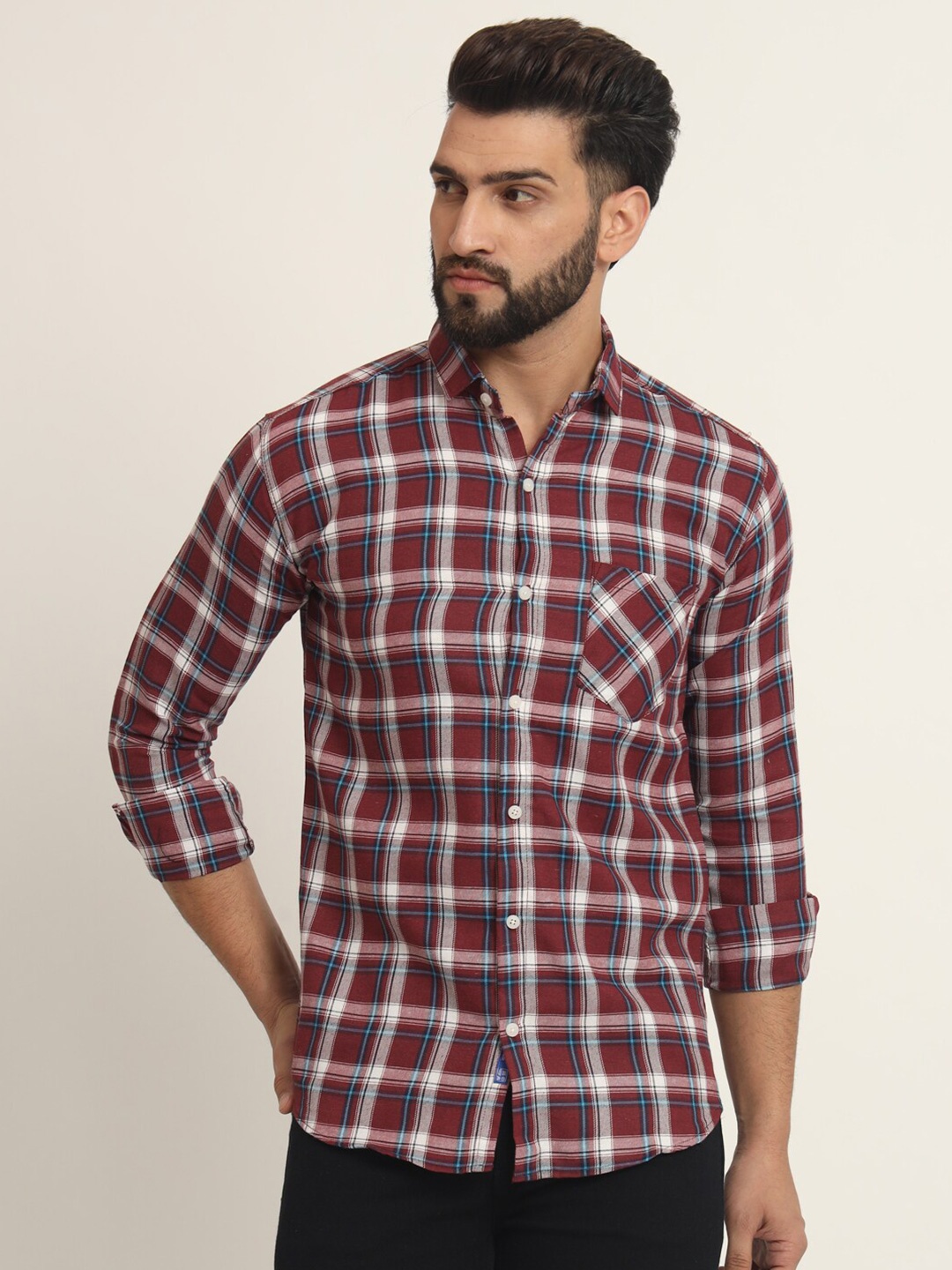 

RAGZO Slim Fit Tartan Checked Spread Collar Casual Shirt, Red