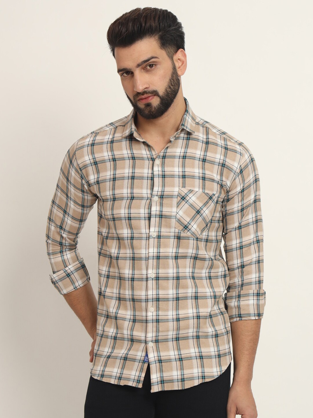 

RAGZO Slim Fit Tartan Checked Spread Collar Casual Shirt, Beige