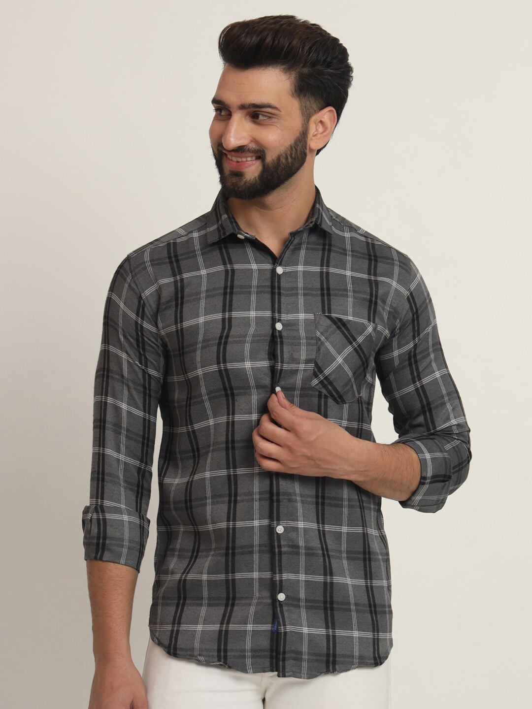 

RAGZO Slim Fit Tartan Checked Spread Collar Casual Shirt, Grey