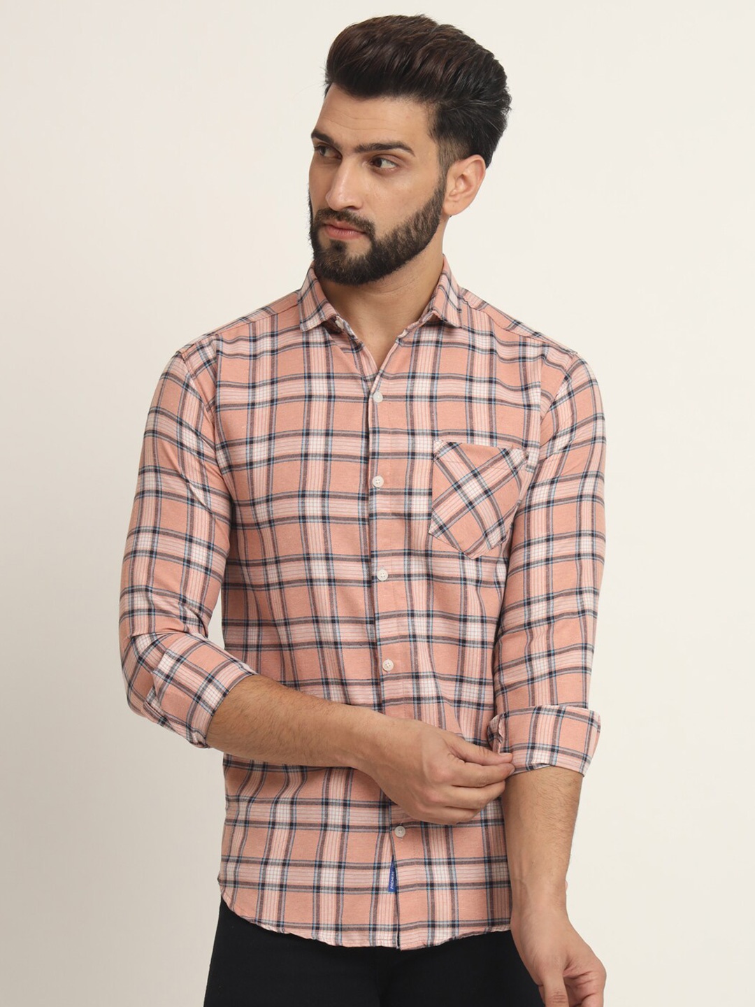 

RAGZO Slim Fit Tartan Checked Spread Collar Casual Shirt, Pink