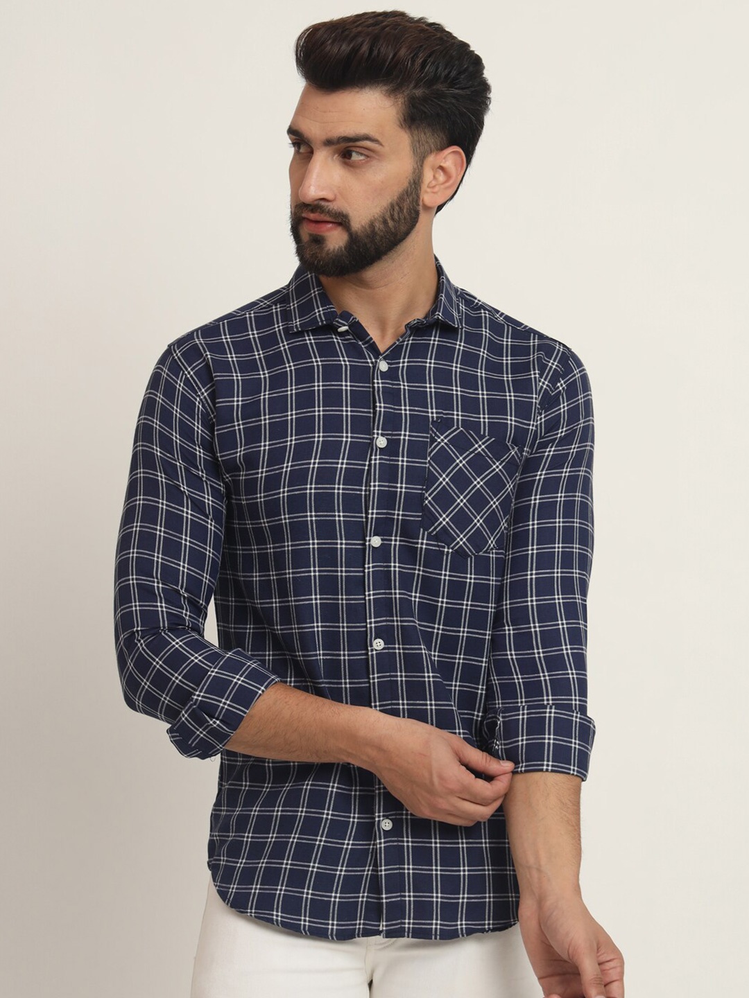 

RAGZO Slim Fit Tartan Checked Spread Collar Casual Shirt, Navy blue