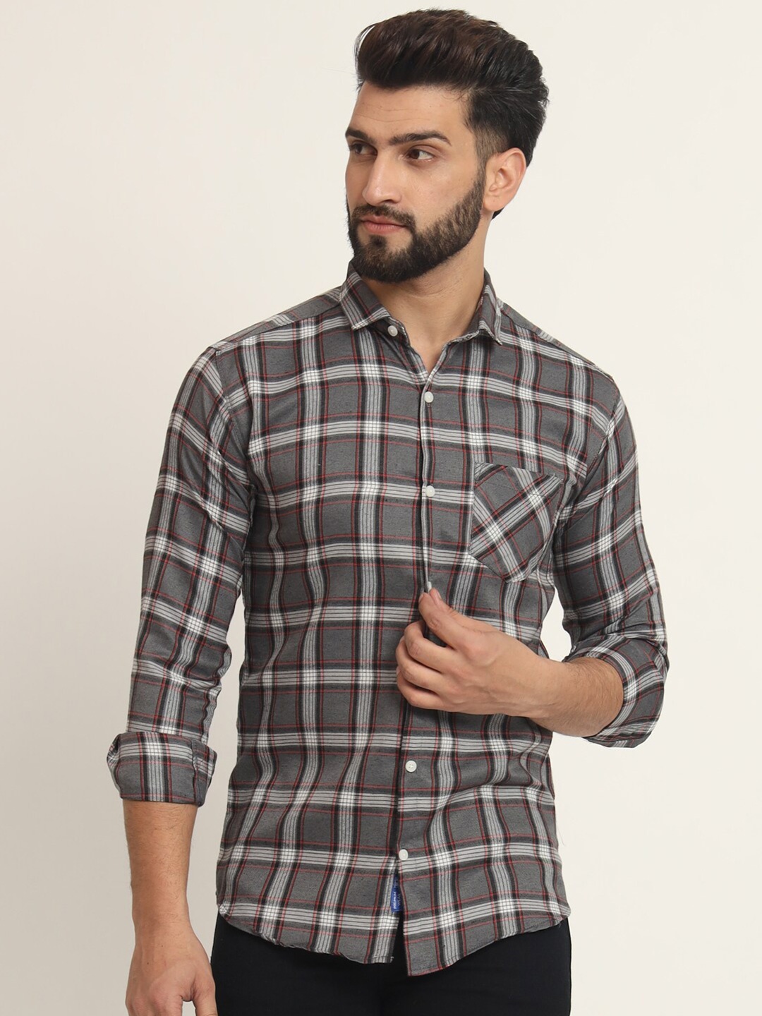 

RAGZO Slim Fit Tartan Checked Spread Collar Casual Shirt, Grey