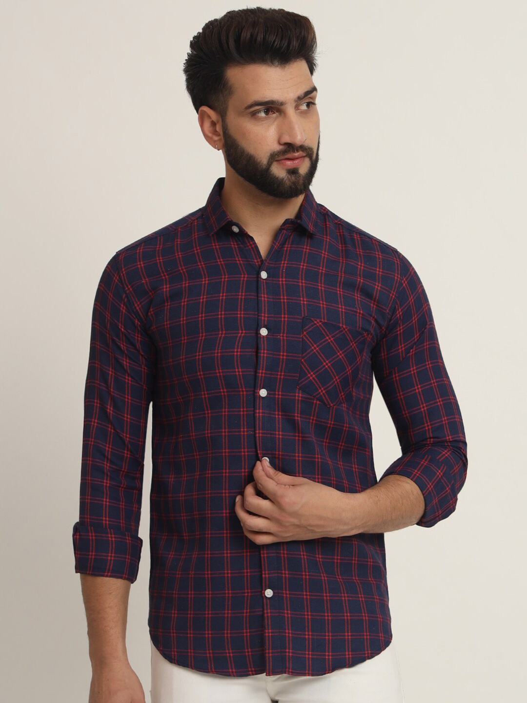 

RAGZO Slim Fit Tartan Checked Spread Collar Casual Shirt, Red