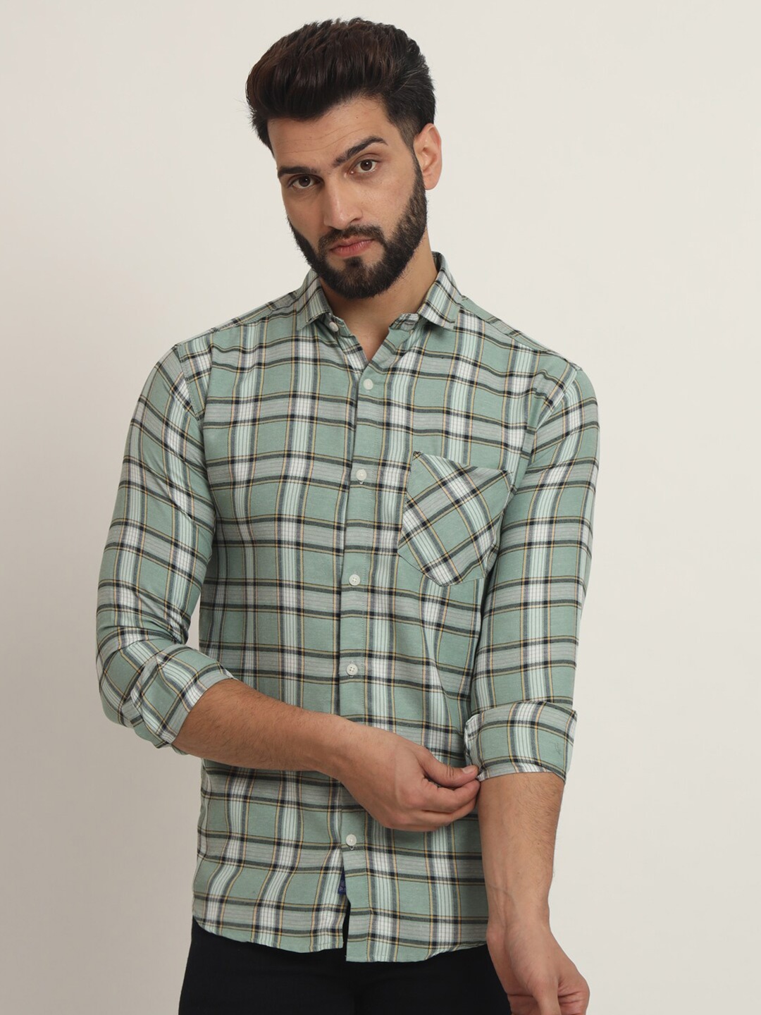 

RAGZO Slim Fit Tartan Checked Spread Collar Casual Shirt, Green