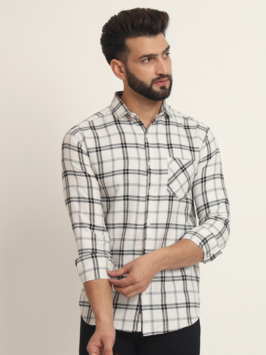 

RAGZO Slim Fit Tartan Checked Spread Collar Casual Shirt, White