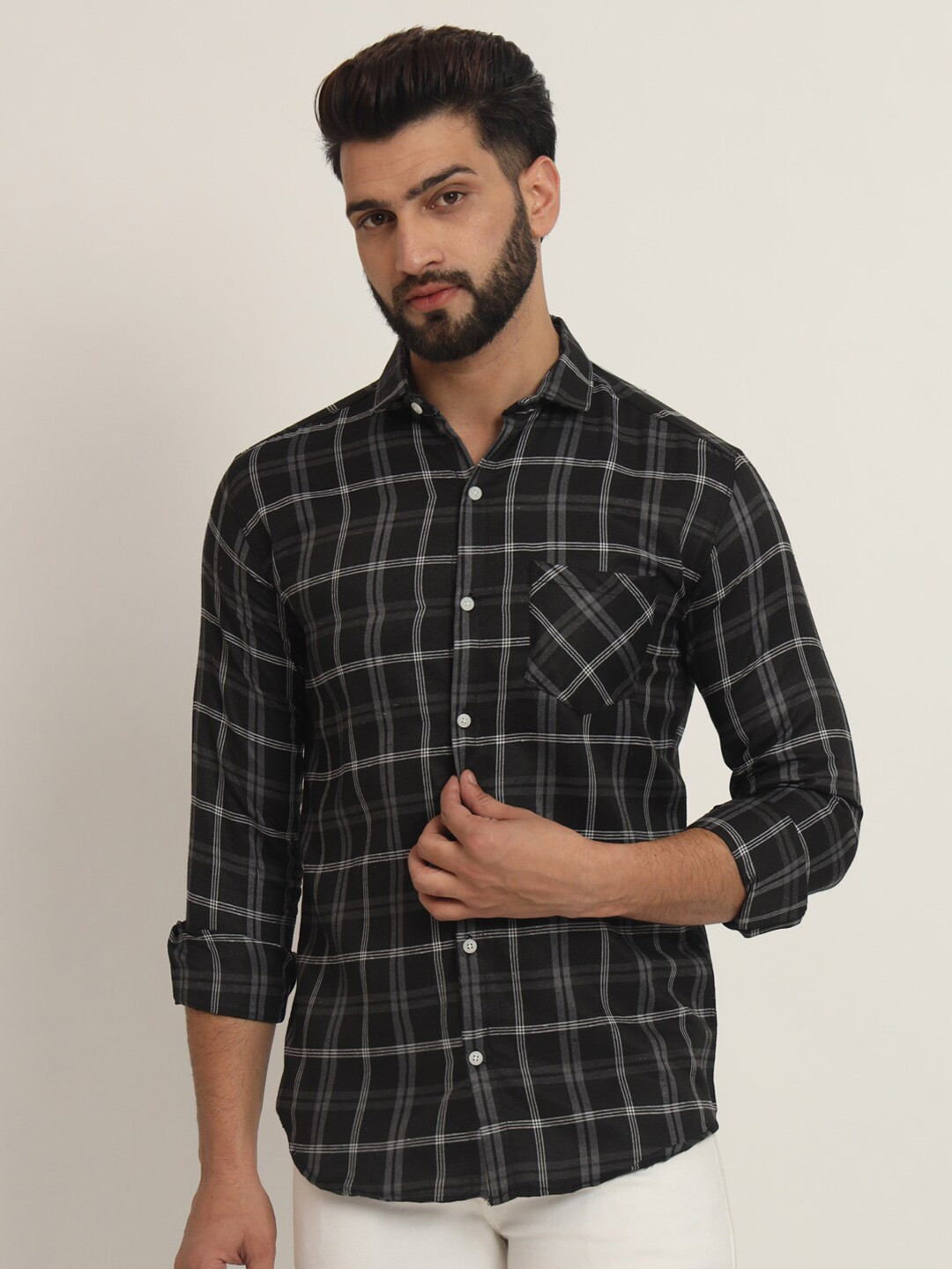 

RAGZO Slim Fit Tartan Checked Spread Collar Casual Shirt, Black