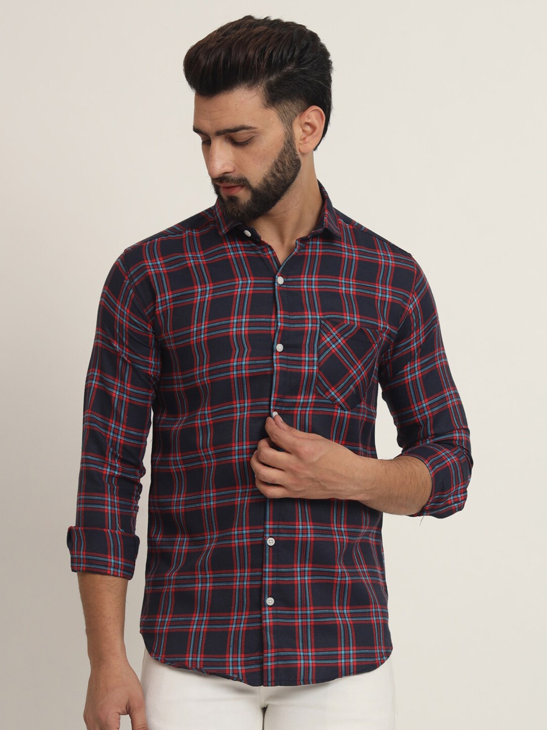 

RAGZO Slim Fit Tartan Checked Spread Collar Casual Shirt, Navy blue