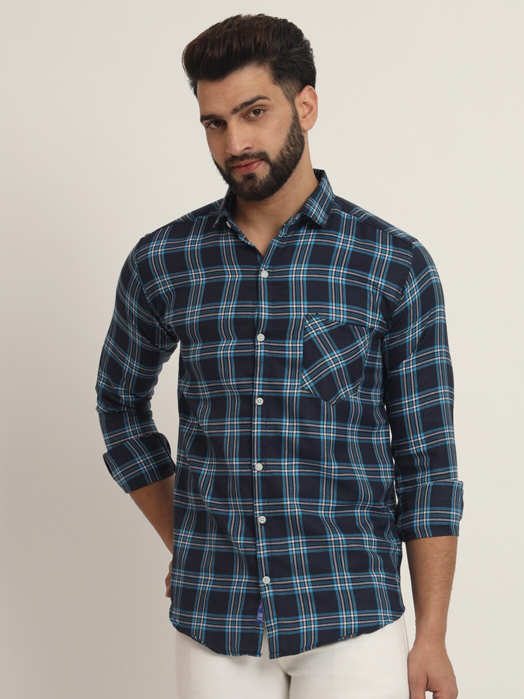 

RAGZO Slim Fit Tartan Checked Spread Collar Casual Shirt, Blue