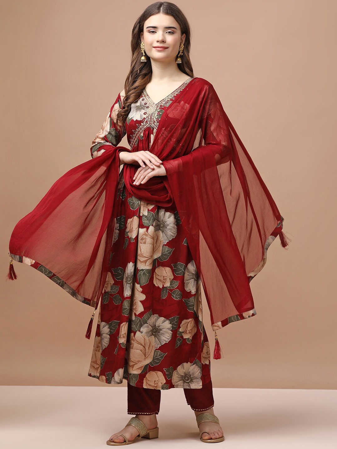 

KALINI Floral Printed Empire Sequinned Kurta With Trousers & Dupatta, Maroon