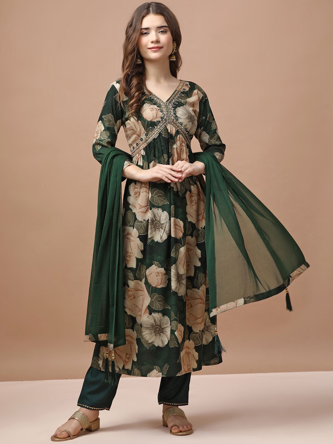 

KALINI Floral Printed Empire Sequinned Kurta With Trousers & Dupatta, Green