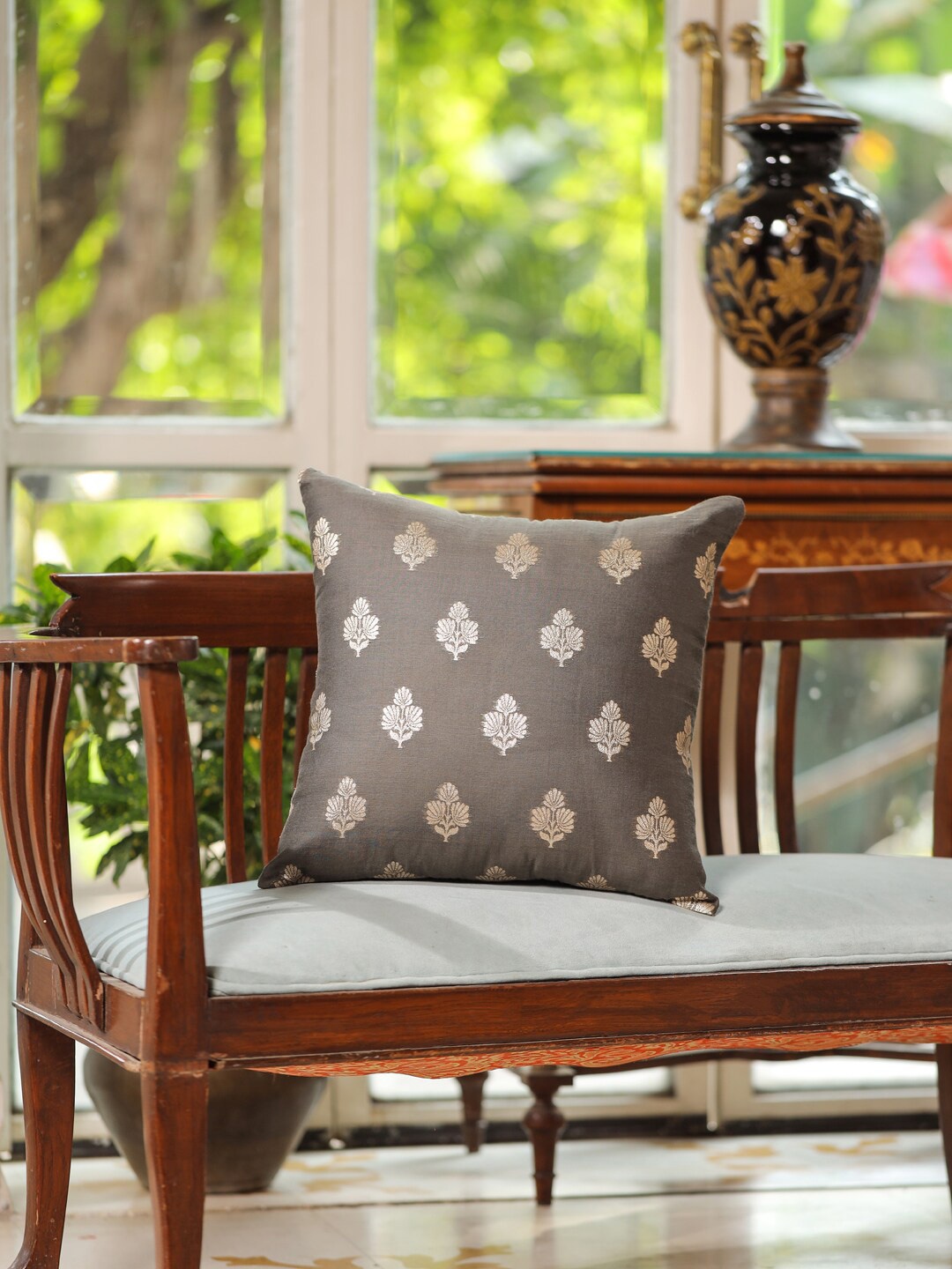 

House of Pataudi Grey & Gold Toned Embroidered Zari Jacquard Square Cushion Covers