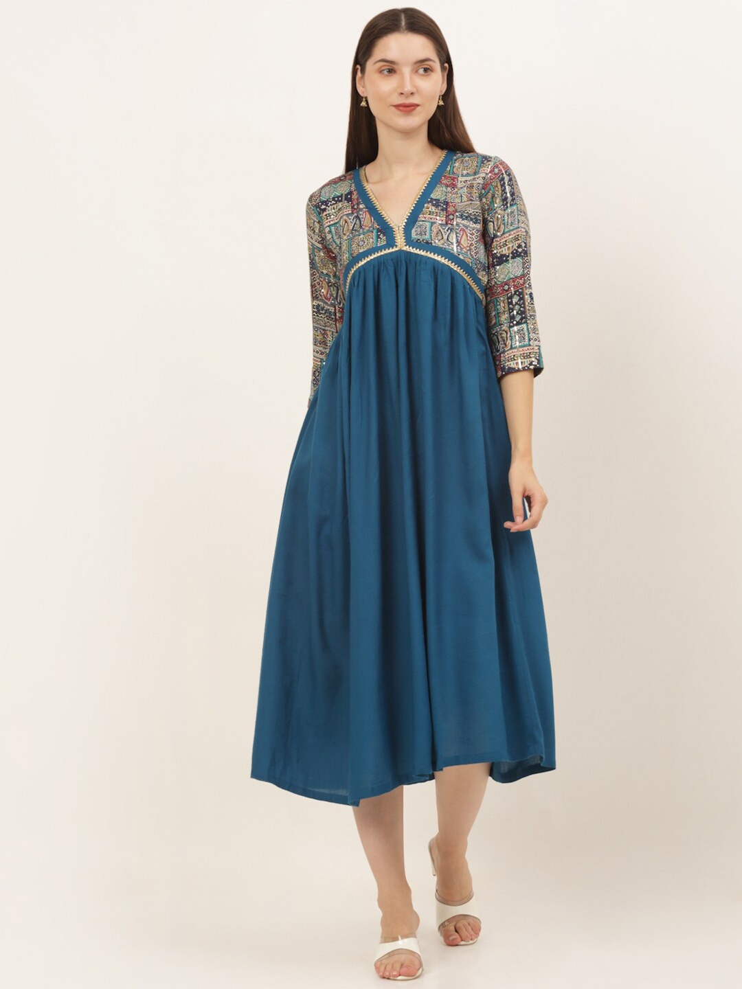 

KALINI Ethnic Motifs Printed V-Neck Gathered Detailed Empire Midi Ethnic Dress, Blue