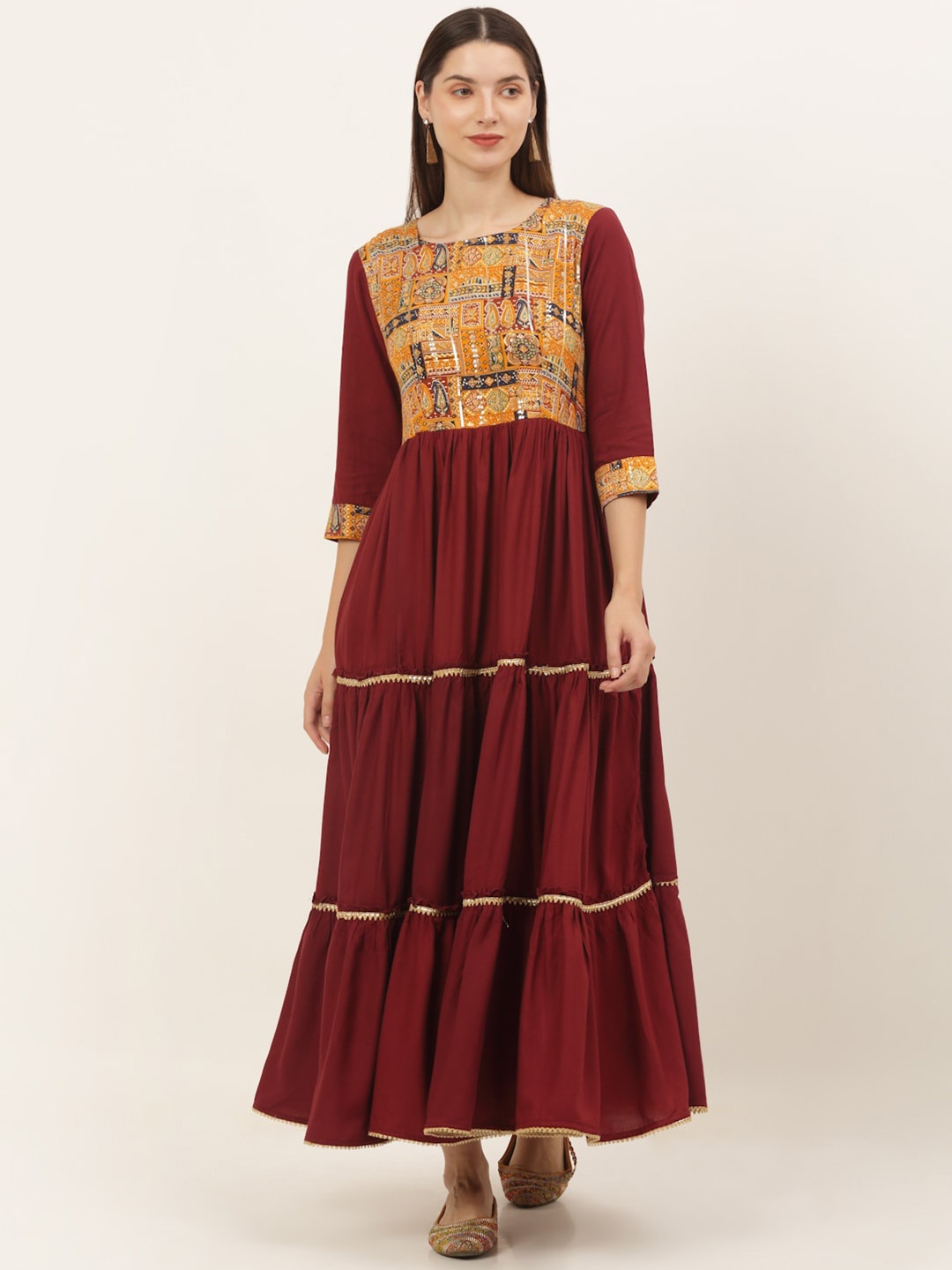 

KALINI Ethnic Motifs Printed Gathered Detailed Fit & Flare Midi Ethnic Dress, Maroon