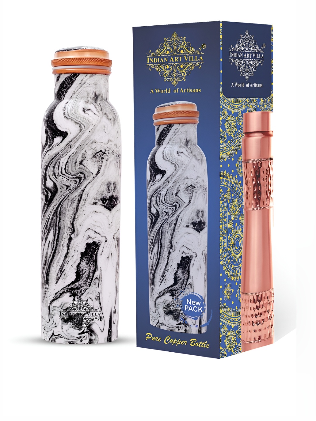

INDIAN ART VILLA White & Black Printed Copper Water Bottle 1.05 L